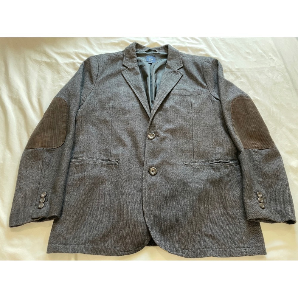 Gap Mens Herringbone Blazer Jacket Gray Cotton Sport Coat Elbow Patches L